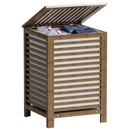 SMIBUY Double Laundry Hamper with Lid, 120L Bamboo Laundry Basket with Removable Liner Bag, 2-Section Clothes Divider Laundry Sorter for Laundry Room, Bathroom, Bedroom (Walnut) - color: Walnut