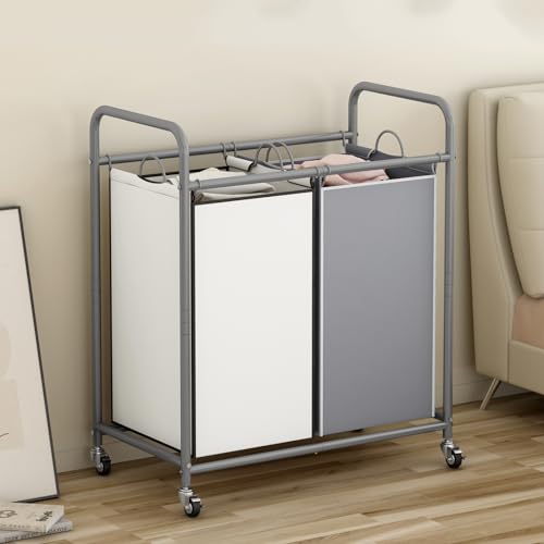 SUOERNUO Laundry Hamper with Lockable Wheels and 2 Removable Bags - color: Grey+Beige