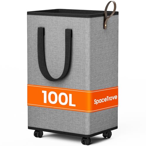 SpaceTrove Rolling Laundry Basket with Wheels, Laundry Hamper, 100L, Grey - color: Grey, size: 100L