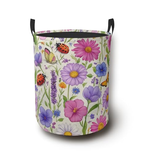 Ladybug Butterflies Laundry Hamper with Handles,Flowers Plants Collapsible Waterproof Storage Basket for Dirty Clothes Books Round Organizer Bin for Bathroom Bedroom College Dorms 16" x 20.8" - color: Ladybug Butterflies Flowers Plants