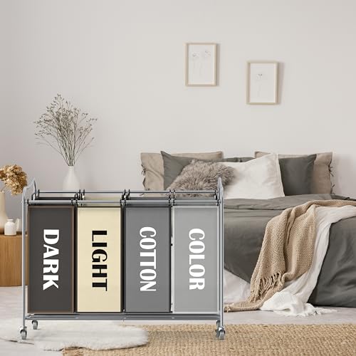 Simple Houseware 4-Bag Heavy Duty Laundry Sorter Rolling Cart, Assorted - color: Silver/Assorted