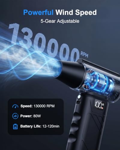 Solarplay Black Compressed Air Duster, 130000 RPM Cordless Air Blower with 5-Gear Adjustable Speed, 4000mAh Fast Charging, 4 Nozzles for Car Cleaning Kit, PC Electronics, Home, Outdoor & Inflatables - color: Black
