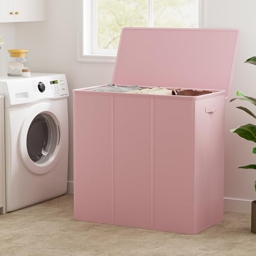 WOWLIVE 180L Laundry Hamper 3 Section, Large Laundry Basket with Lid - color: Pink, size: 180l (31.5"L x 12.5"W x 28"H)