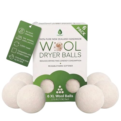 Pursonic XL Laundry Wool Dryer Balls Made with 100% Pure New Zealand Wool - Natural Reusable Fabric Softener Balls for Drying Time & Energy Consumption - Reduces Clothing Wrinkles & Lint - Set of 6 - size: 1 Count (Pack of 6)