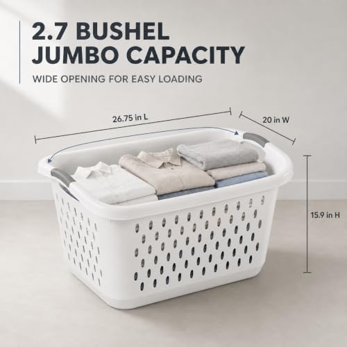 2.7 Bushel Plastic Laundry Basket with Handles Space Saving Laundry Hamper, White