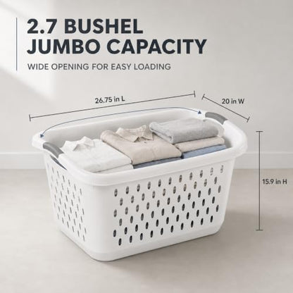 2.7 Bushel Plastic Laundry Basket with Handles Space Saving Laundry Hamper, White