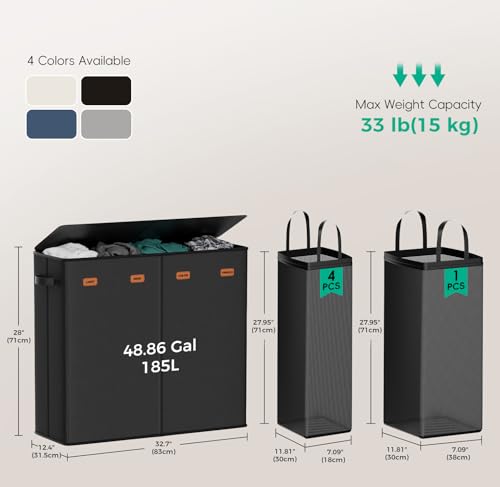 185L Laundry Hamper 4 Section with Lid & Removable Bags - color: Black, size: 185L - 4 Section