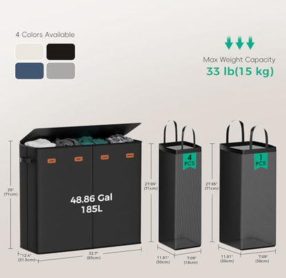 185L Laundry Hamper 4 Section with Lid & Removable Bags - color: Black, size: 185L - 4 Section