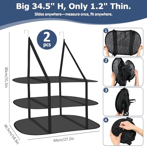 2Pcs Over The Door Drying Rack with 4 Hooks,3 Tier Sweater Drying Rack with Fixed Webbing,Large Folding Mesh Clothes Drying Rack for Dorms,Bathrooms and Bedroom(Black)