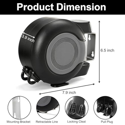 Dual Retractable Clothesline, 49 ft x 2 Portable Heavy Duty Washing Line for Indoor & Outdoor Use, PVC Retracting Wall Mount Clothes Drying Laundry Line with Easy Installation (Black)
