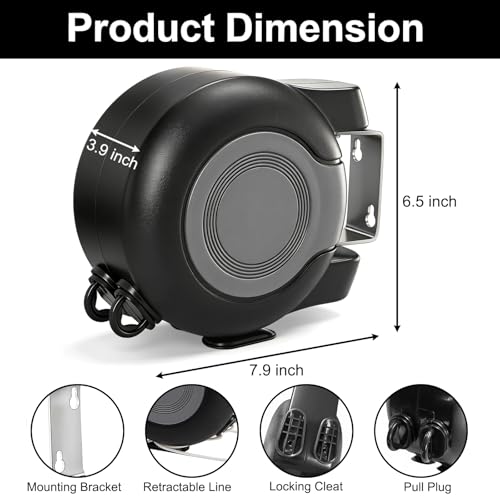 Dual Retractable Clothesline, 49 ft x 2 Portable Heavy Duty Washing Line for Indoor & Outdoor Use, PVC Retracting Wall Mount Clothes Drying Laundry Line with Easy Installation (Black)