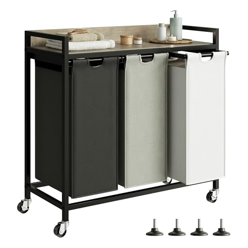 Herture Laundry Hampers with Shelf, Laundry Basket 3 Section, 3 x 15.87 Gal - color: Greige + 3-Color, size: 3 Bags-180 L