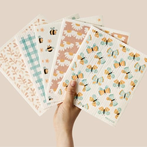 RECYCO Swedish Dishcloths for Kitchen | 5 Pack Gingham Flutter Washable Dish Rags | Cellulose Reusable Cleaning Paper Towels | Absorbent Counter Dish Cloth Sponge Kitchen Wipes, 8" L x 7" W - color: Gingham Flutter - 5 Pack