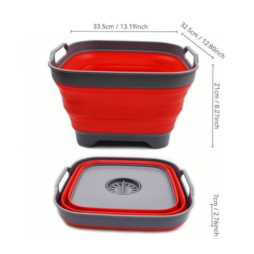 SAMMART 10L (2.64 Gallon) Collapsible Dishpan with Draining Plug - Foldable Washing Basin - Portable Dish Washing Tub - Space Saving Kitchen Storage Tray (1, Grey/Red) - color: Grey/Red