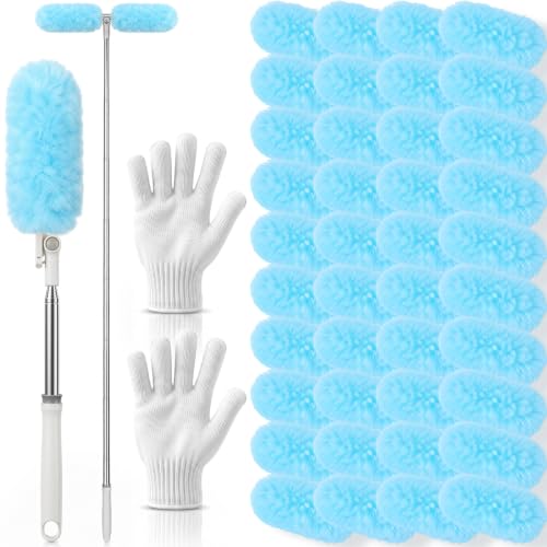 40 Pcs Heavy Duty Duster Refills with 6 ft Extendable Handle and 1 Pair of Gloves, Compatible with Swiffer 360° Disposable Microfiber Feather Dusters Kit for Cleaning Home(Blue) - color: Blue
