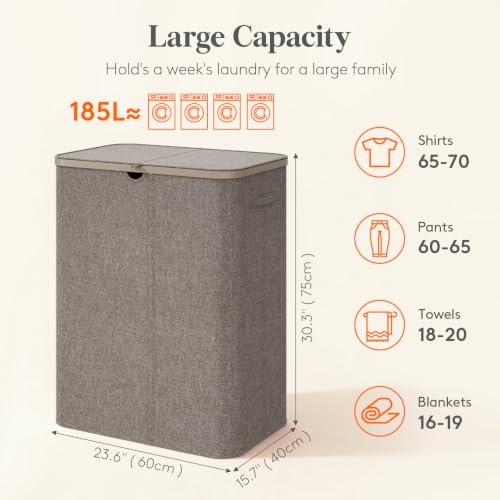 Lifewit 185L 3 Section Laundry Hamper with Lid, Laundry Basket, Brown - color: Brown, size: 185L