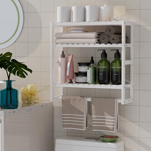 PPN 100% Bamboo Towel Rack Bathroom Storage Shelves Over Toilet Towel Bar - color: Updated White Standard 1 Pack
