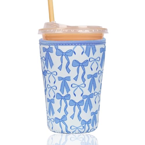 Reusable Insulated Sleeve for Iced Coffee Cup, Coffee Neoprene Sleeve for Cold & Hot Drinks, Beverage Holder for Iced Coffee (Blue Bows, Medium: 22-24oz) - color: Blue Bows, size: Medium: 22-24oz