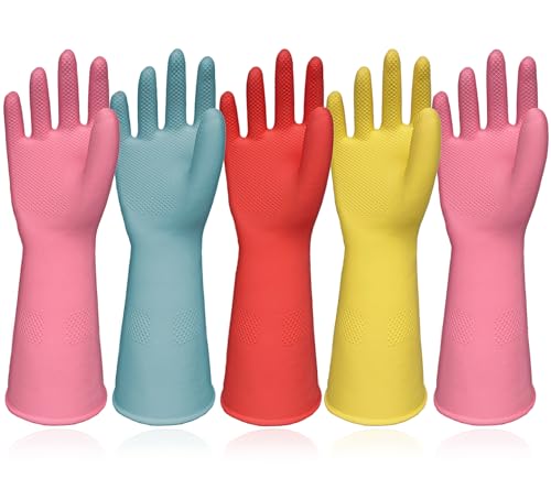 Kitchen Dish Washing Gloves 5 Pairs Rubber Cleaning Reusable Gloves Large - size: Large