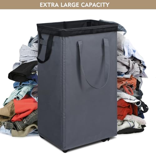 DOKEHOM 90L X-Large Rolling Laundry Basket Hamper on Wheels, Grey - color: Grey, size: X-Large Pro 29"