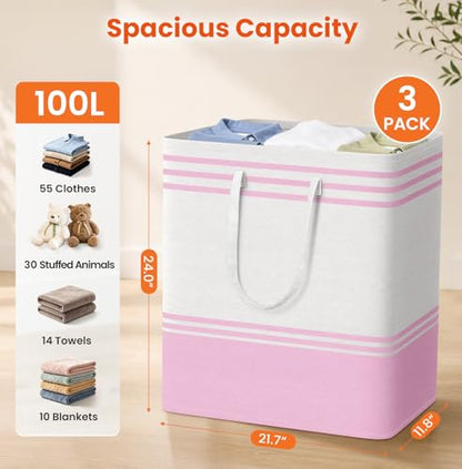 TranquilRelax 3-Pack Laundry Basket, Laundry Hamper, Pink-100L - color: Pink, size: 100L