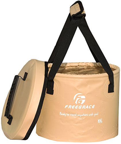 Freegrace Collapsible Water Bucket with Lid 10L Portable Camping Wash Basin - color: Khaki, size: 10L