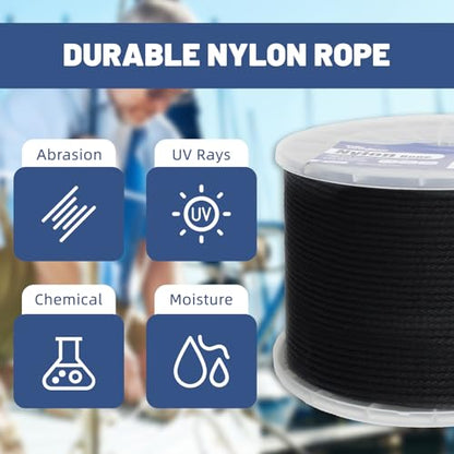 NEWSEED 500 Ft 1/8 Inch Nylon Rope Heavy Duty Utility Rope (Black) - size: 1/8 In x 500FT, style: Black