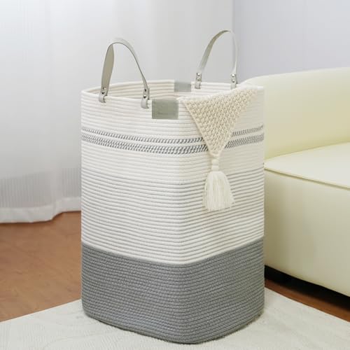 danpinera 75L Woven Laundry Hamper with Long Leather Handles, Baby Laundry Basket for Nursery, Tall Hampers for Bedroom Aesthetic, Decorative Clothes Storage Basket for Family White & Gray - color: White & Gray, size: 75L Square