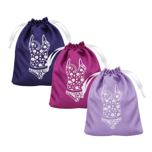 Lingerie Bag for Travel Set of 3, Women Lingerie Bags with Drawstrings, Double-Layered Polyester Beach Bags for Swimwear, Underwear & Storage, 15x15 Inches (Navy-Magenta-Lavender) - color: Evening Elegance