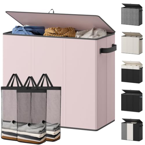 Optish 180L Laundry Hamper 3 Section, Large Hamper with Mesh Bags & Lid - color: Pink