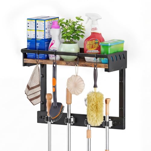 Broom Holder Wall Mount with Shelf,Broom Hanger with 4 Hooks,Broom and Mop Organizer Wall Hanging for Laundry,Garage, Utility,Broom Rack,Cleaning Supplies Organizer and Tool Storage,Black - color: Black, size: S