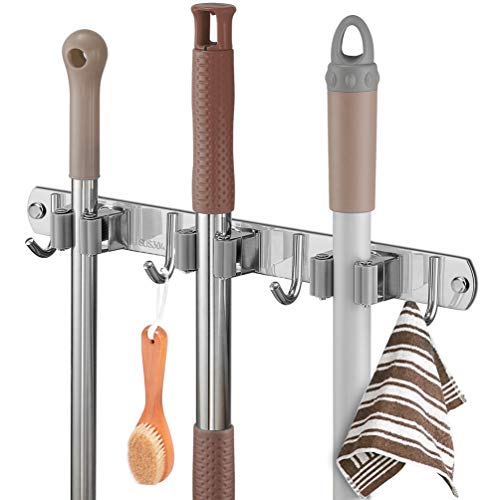 Broom Closet Organizer Wall Mounted, Fyrcomft Heavy Duty Stainless Easy Install Broom Mop Holder with 3 Racks 4 Hooks (Grey)