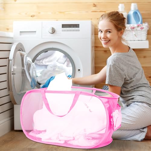 Durable Collapsible Laundry Baskets, Mesh Pop Up Laundry Hamper with Side Pocket, Foldable Clothes Hamper with Reinforced Carry Handles for Laundry, Bathroom, Kids Room, Dorm or Travel 2 Pack Pink - color: 2 x Pink