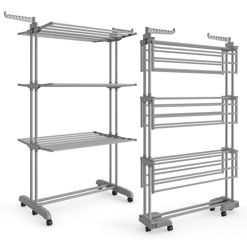 SONGMICS 4-Tier Clothes Drying Rack, Foldable, Rolling, 67.9-Inch Tall - color: Dove Gray, style: 4-Tier + Foldable