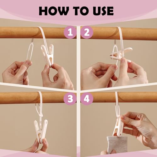 PURIPUFF 24 Pack Clothes Pins Clothes Peg Clip Pins with Plastic Rope for Clothesline Drying Clothing Clips Hooks Windproof Clothes Hanger for Hanging Socks Hats Pants Bras Underwears Towel Photo