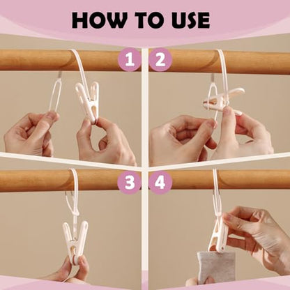 PURIPUFF 24 Pack Clothes Pins Clothes Peg Clip Pins with Plastic Rope for Clothesline Drying Clothing Clips Hooks Windproof Clothes Hanger for Hanging Socks Hats Pants Bras Underwears Towel Photo