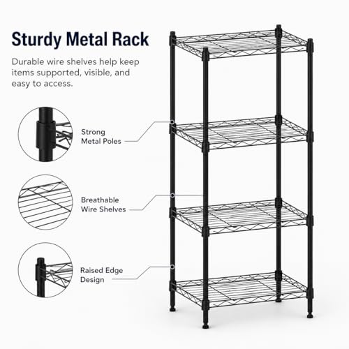 4 Tier Storage Shelves, Metal Wire Shelving Unit, Heavy Duty Adjustable Shelf Rack for Pantry, Kitchen, Garage and Laundry Room, Black - size: M-4