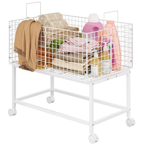 Large Rolling Laundry Basket Cart,Wire Laundry Hamper Cart with Handle and Wheels,White High Laundry Hamper for Laundry Room,Bedroom and Bathroom-120L White (29.5"L*19.7"W*27.95"H inch) - color: White, size: 29.5*19.7*27.95inch