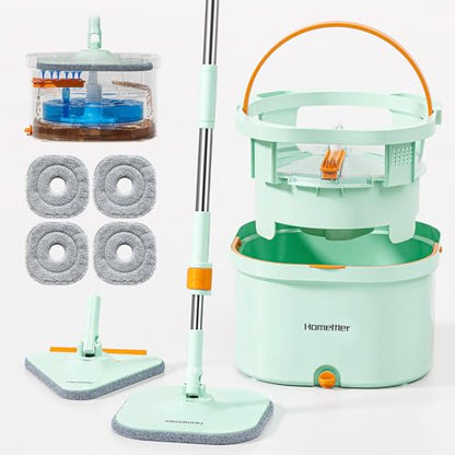 HoMettler Mop and Bucket Set | Spin Mop with Dual-Tank Clean/Dirty Water Separation | 4 Microfiber Pads for Deep-Cleaning Floors | Versatile Mops Triangular Head for Walls - size: Spin Mop with 4 Pads