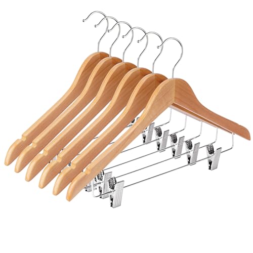 Wooden Hangers with Clips 12 Pack Wooden Pants Hangers,Skirt Hangers with Adjustable Clips,Hangers for Pants,Jeans,Slacks,Shorts（Natural） - color: Natural