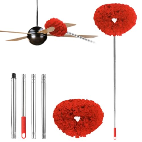 Ceiling Fan Cleaner Duster Reusable Microfiber Ceiling Fan Blade Cleaner Removable Duster with Extension Pole Adjusts 13 to 49.7 Inch for Cleaning Walls Bookshelves Furniture Door Window Top (Red) - color: Red
