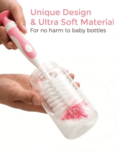 Baby Bottle Brush Set with Suction Base, Hidden Cleaner & Straw Brush, Pink - color: Pink