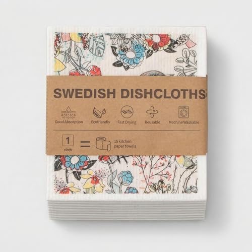 Kitchen Towels Swedish Dishcloths - 6 Count Reusable Paper Towels Washable, Cellulose Sponge Dish Towels for Kitchen Cleaning, Ultra Absorbent Odor Free Eco Friendly Biodegradable Cleaning Rags - color: Flower and Bird Series