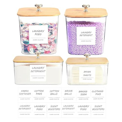 4 Pack Laundry Room Organization Storage Containers, Plastic Clear Laundry Pods Container & Dryer Sheet Holder Jars with Lids, Scoops & Labels for Detergent, Powder, Dryer Balls, Beads - color: 4pcs-square