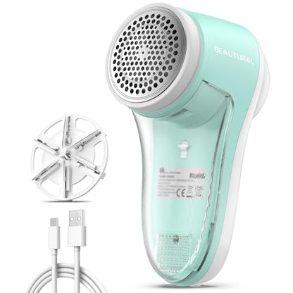 BEAUTURAL Fabric Shaver, Rechargeable Lint Remover for Clothes, Electric Lint Shaver with 6-Leaf Blades, Sweater Shavers to Fuzz, Lint Balls, Pillings, Bobbles for Clothes and Furniture - color: Green