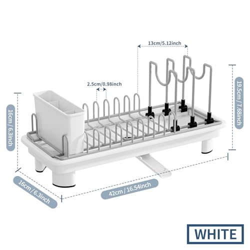 Compact Dish Drying Rack with Utensil Holder – Small Countertop Dish Drainer with 360° Rotating Drain Spout, Stainless Steel Dish Rack for Kitchen Sink, Space-Saving Design for Small Kitchen, White - color: White