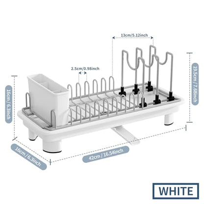 Compact Dish Drying Rack with Utensil Holder – Small Countertop Dish Drainer with 360° Rotating Drain Spout, Stainless Steel Dish Rack for Kitchen Sink, Space-Saving Design for Small Kitchen, White - color: White