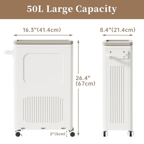 Slim Laundry Hamper with Lid 50L Rolling Basket - color: Milky, size: 50L