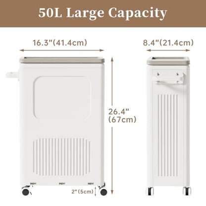 Slim Laundry Hamper with Lid 50L Rolling Basket - color: Milky, size: 50L