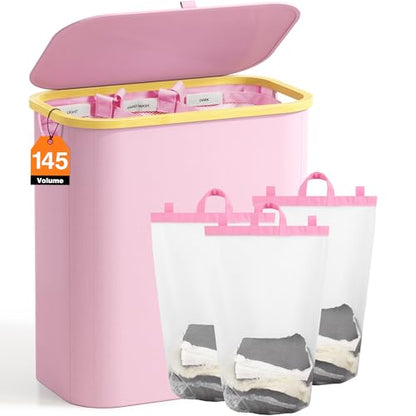 Hampers for Laundry Basket with Lid, 145L Large Laundry Hamper 3 Section - color: Pink, size: 145L